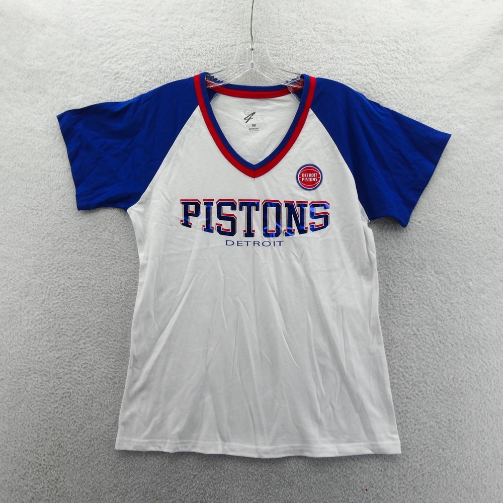 G-III Shirt‎ Womens Medium Detroit Pistons Blue White Raglan V-Neck Vintage NBA